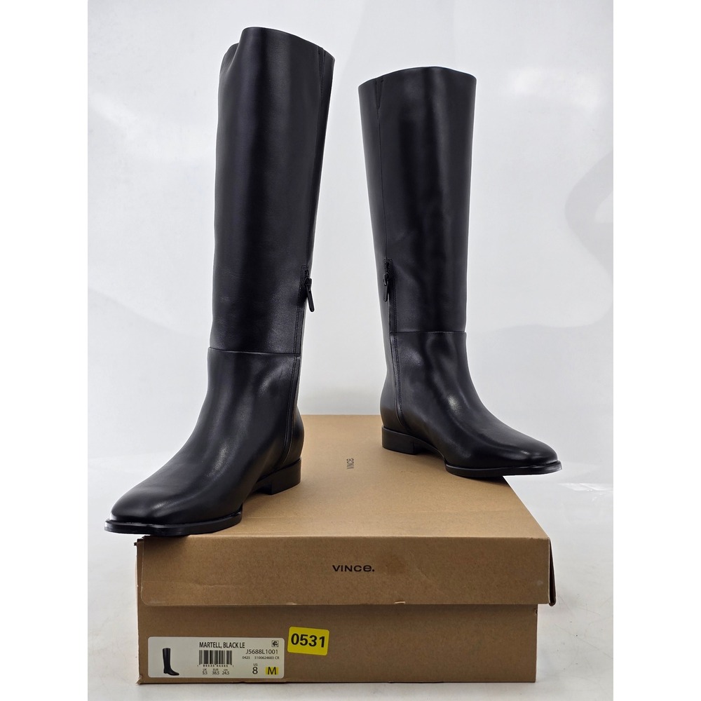 Vince Martell Knee High Boots Womens 8 Black Leather Side Zip Flat - Excellent